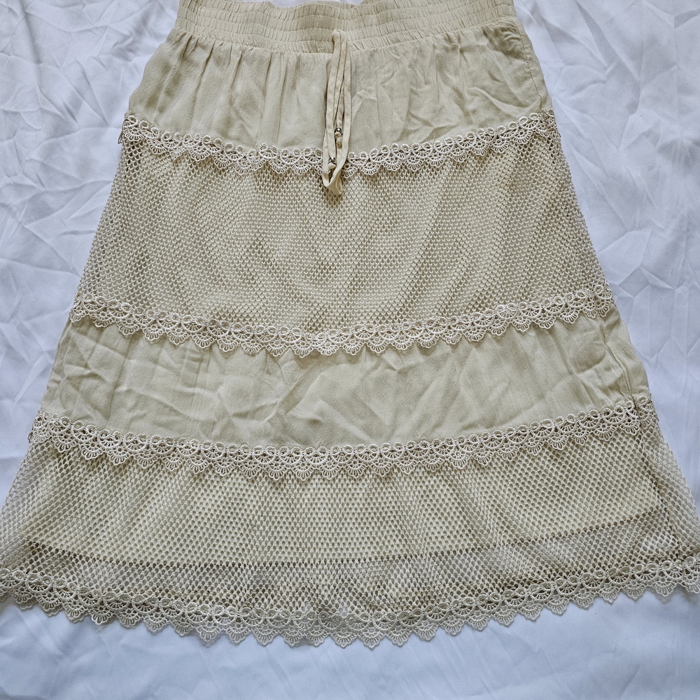 Lapis Tan Cream A-Line Midi Skirt with Tie Front